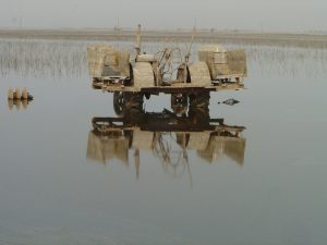 Flood barrier in the distance, flooding with machinery