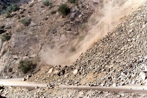 Landslide in dry climate over mountain road